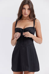 Fit & Flare Korsett Mini Sommerkleid mit Schnürung vorne und Schnürung hinten - Schwarz